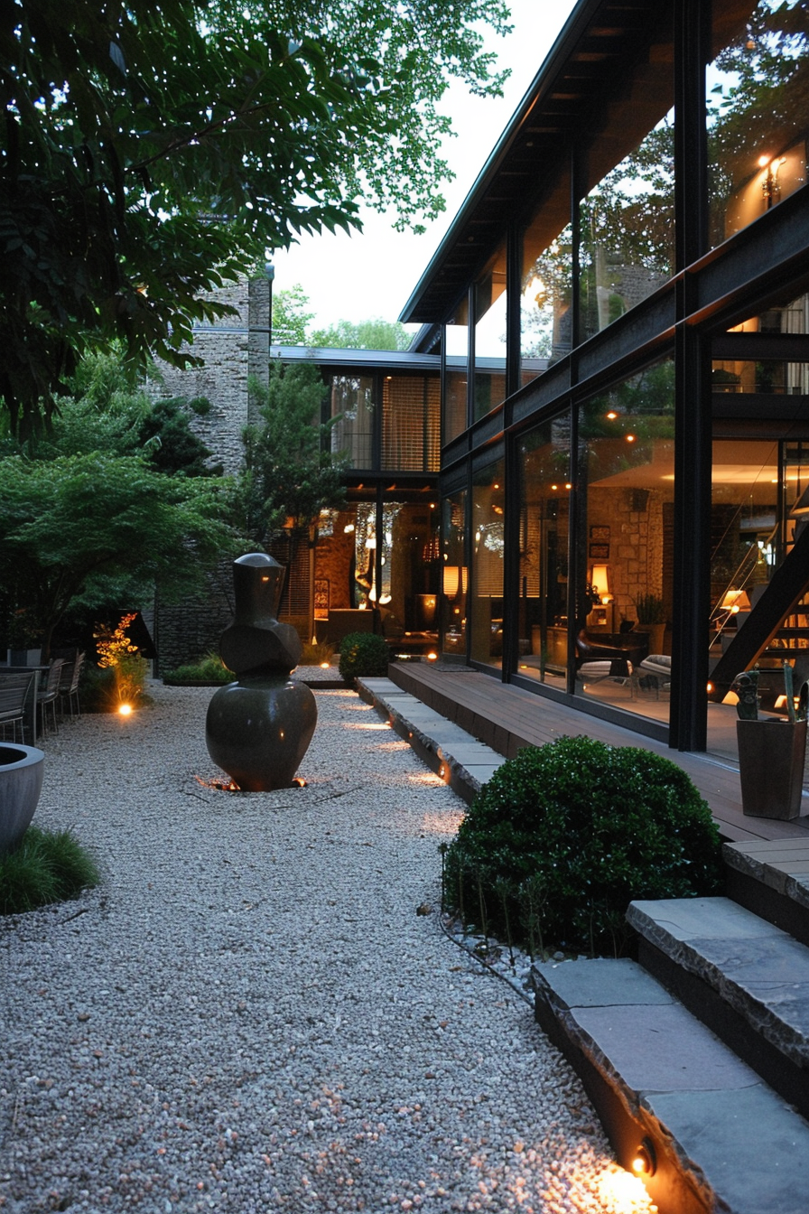 Modern house at dusk with large windows, stone walls, pebbled path, illuminated art sculptures, and lush greenery.