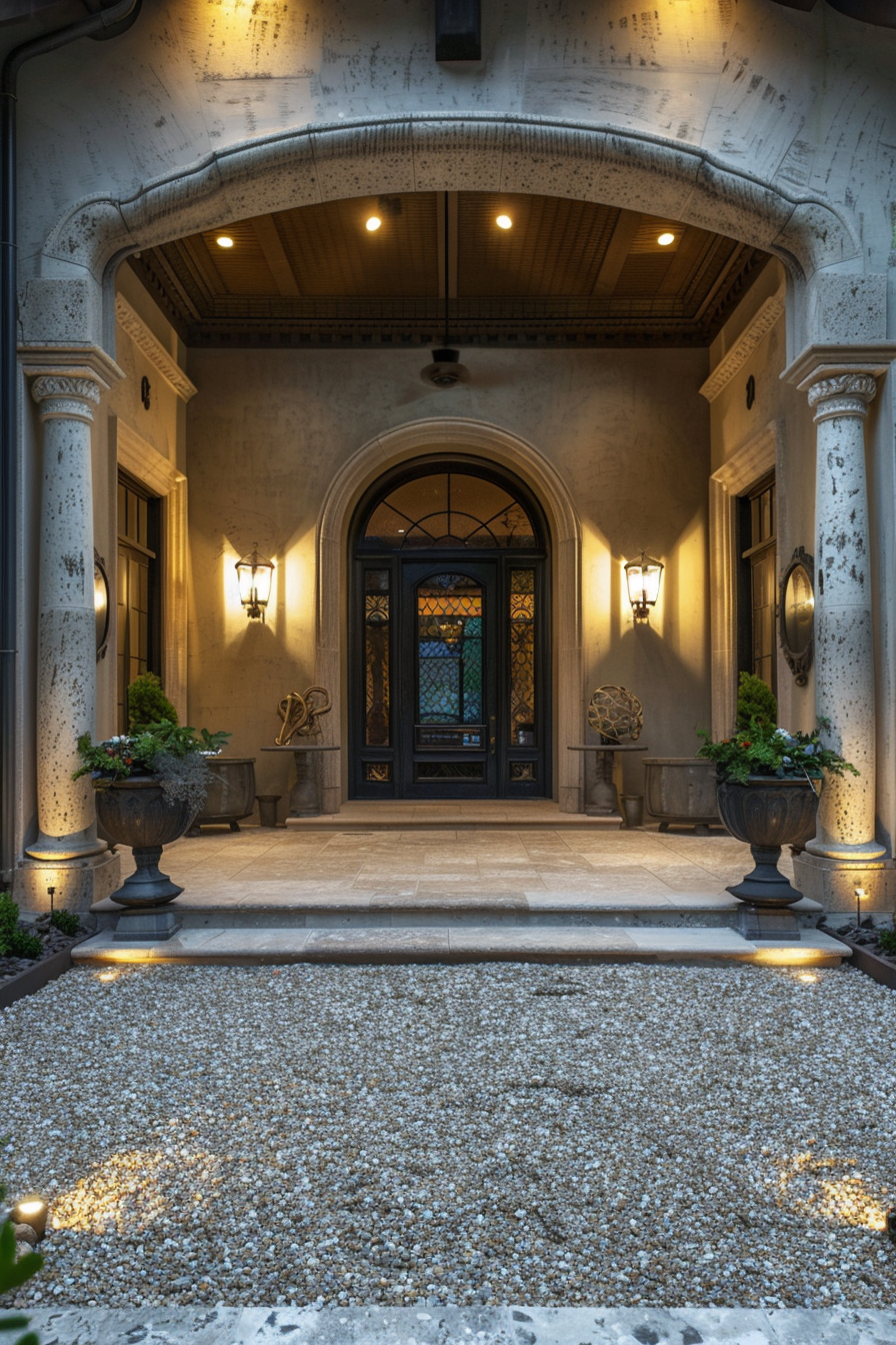 Elegant home entrance with arched doorway, ornate door, and warm lighting fixtures at dusk.
