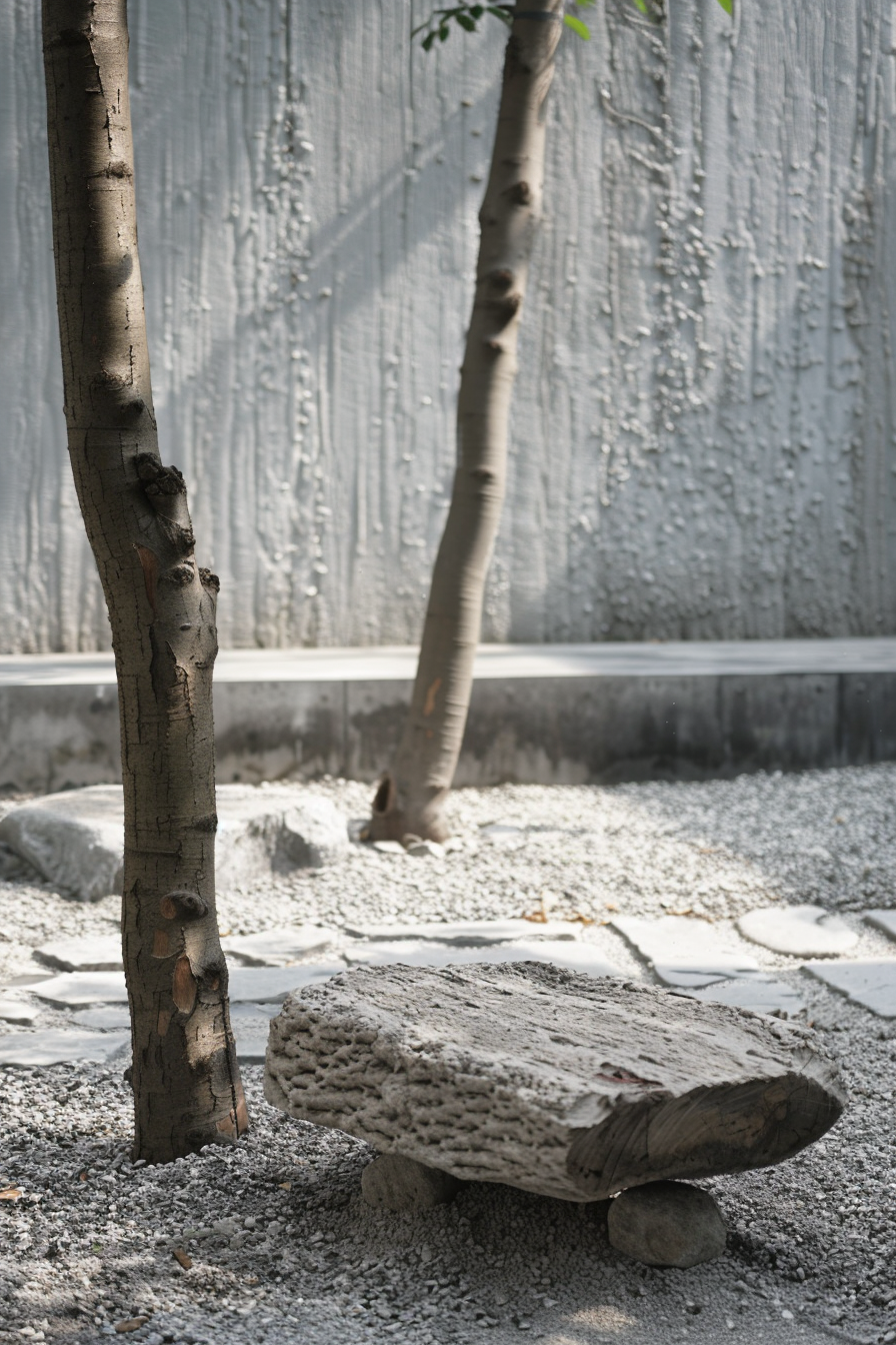 A serene garden with two trees and a textured wooden bench on a gravel surface, against a grey textured wall.
