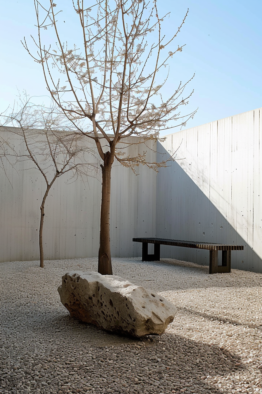 A minimalist courtyard with a leafless tree, large rock, and a simple bench surrounded by gravel and high white walls.