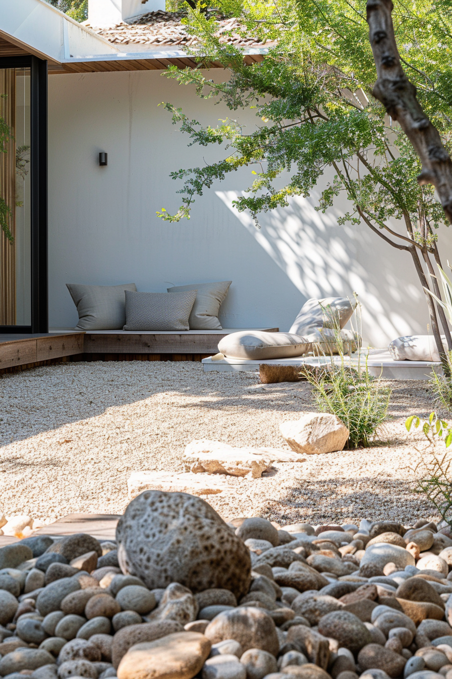 Zen garden with pebbles, wooden seating platform with cushions, and shadows of leaves on a white wall in a tranquil outdoor setting.