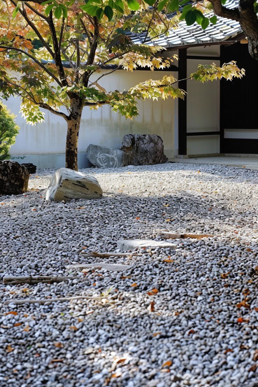 A traditional Japanese garden with neatly arranged rocks and pebbles, a small tree with autumn leaves, and part of a building in the background.
