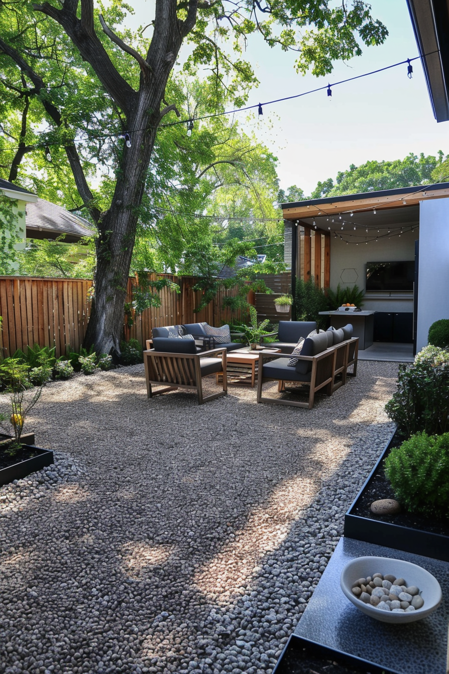 Modern backyard patio with gravel floor, outdoor furniture, strung lights, and a large tree providing shade.