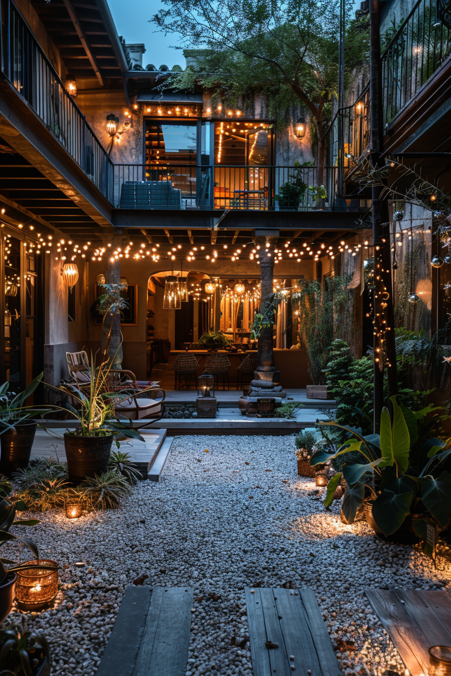 A cozy outdoor courtyard at dusk with string lights, lush plants, and a relaxed seating area.