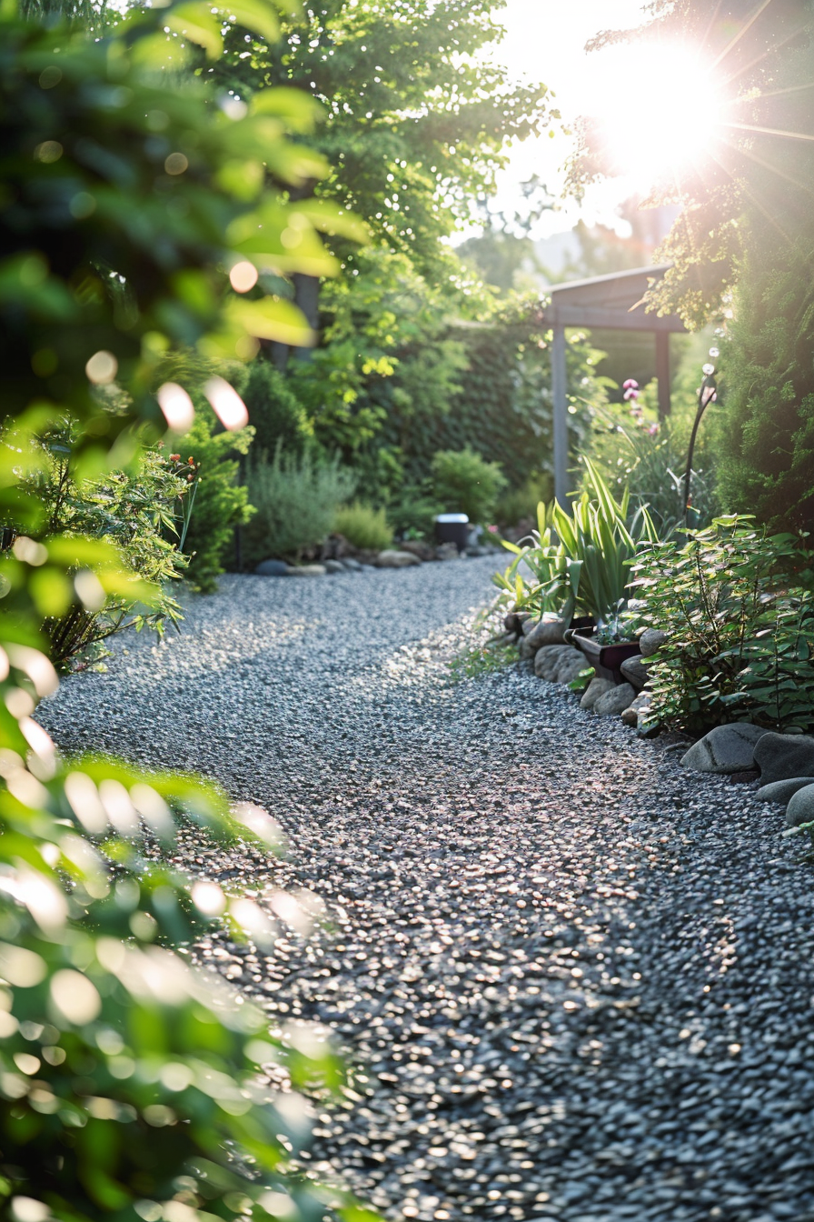 Sunlight peeks through lush greenery onto a pebbled garden path surrounded by plants and flowers.