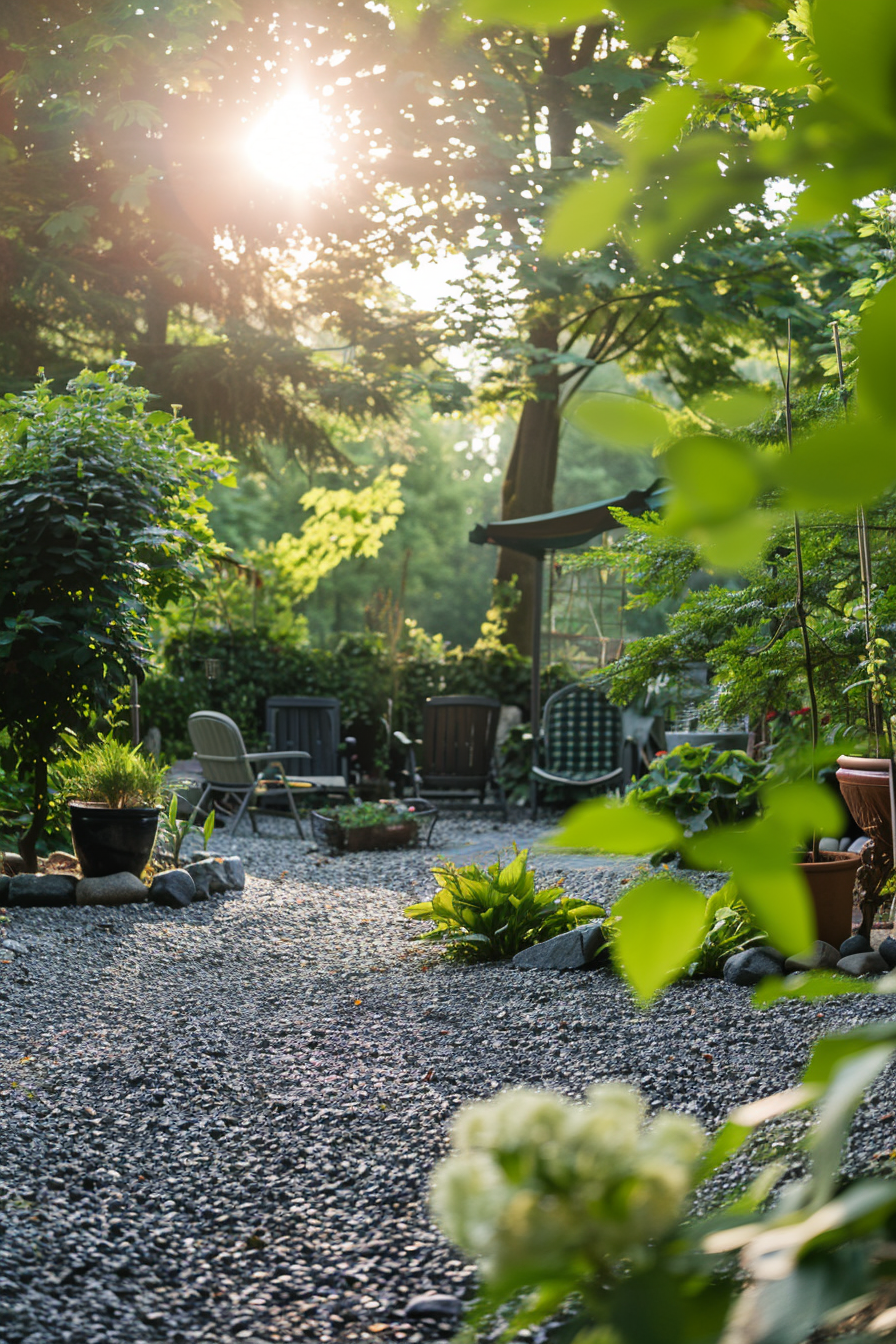 Sunlight peers through trees onto a serene gravel garden path lined with plants and patio furniture.