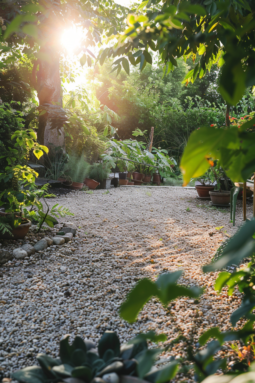 Sunlight streaming through leaves onto a tranquil garden path lined with potted plants and trees.