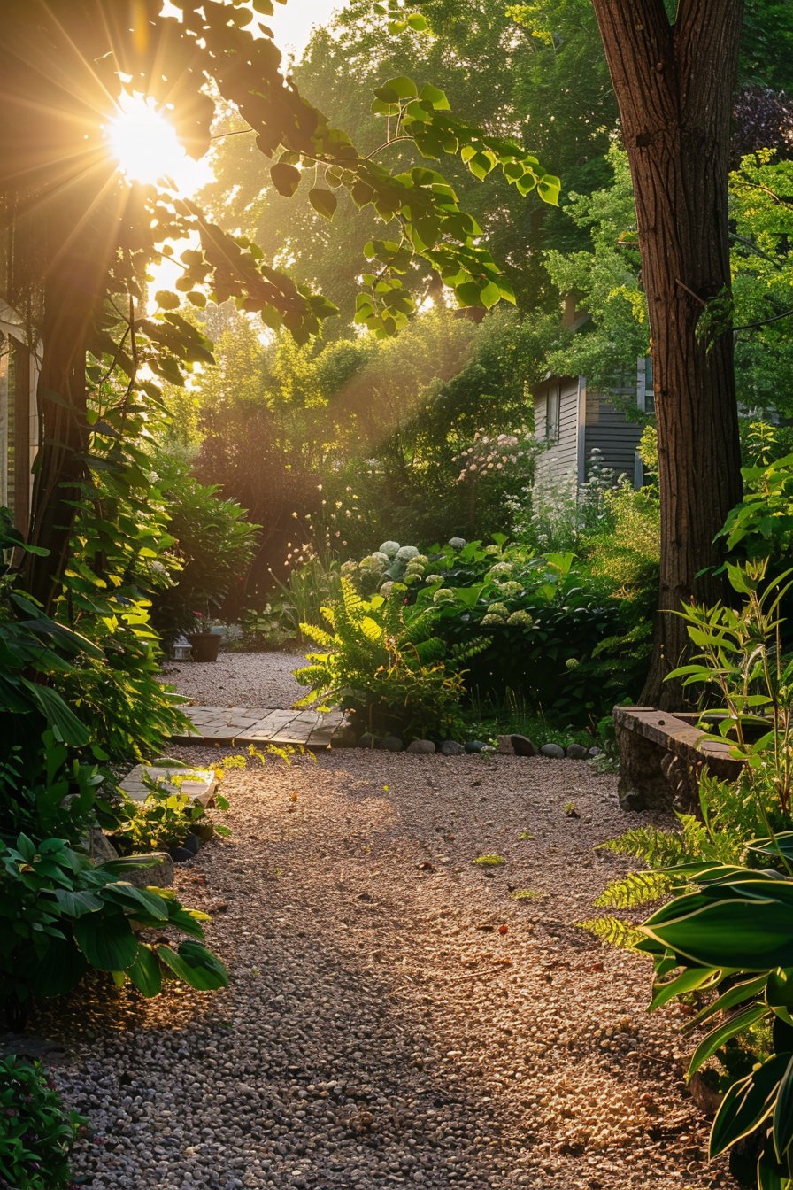 Sunlight piercing through green leaves over a serene garden path with vibrant foliage on a peaceful morning.