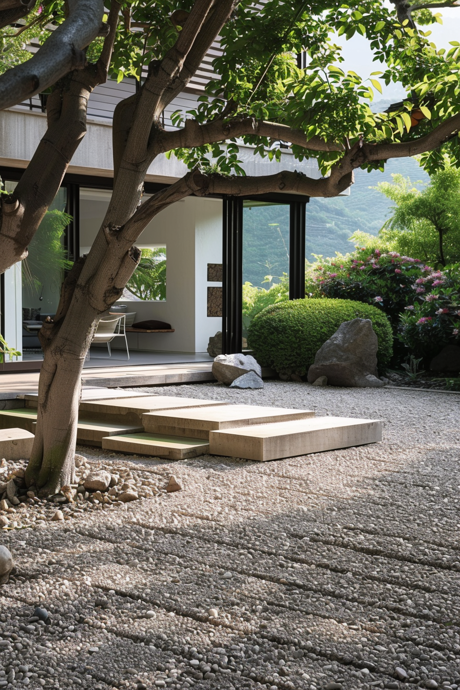 ALT Text: "Tranquil Japanese garden with stepping stones leading to a modern room, framed by a tree, greenery, and decorative rocks."
