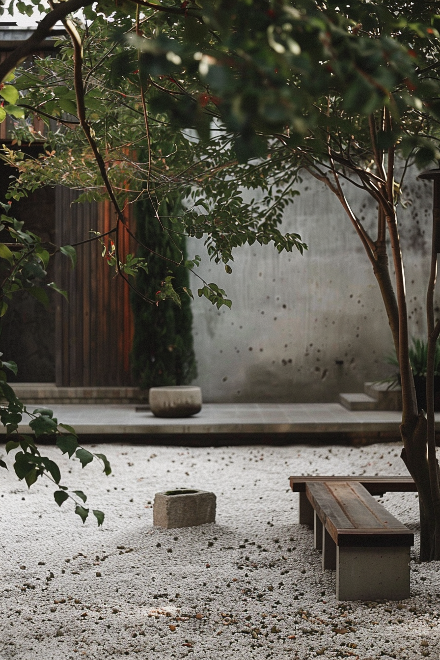 Tranquil Zen garden with gravel, a wooden bench, and lush trees casting dappled light on concrete walls.