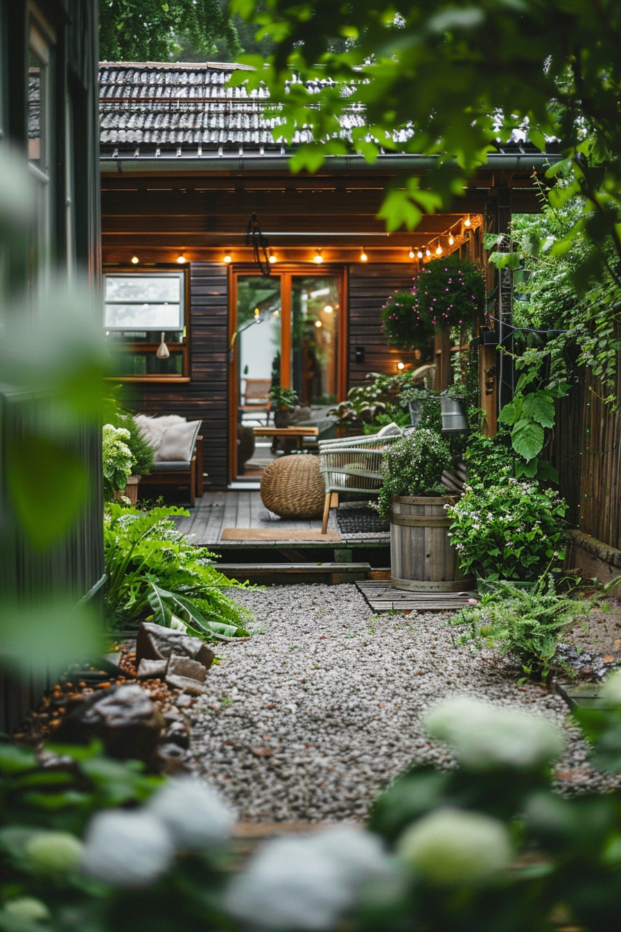 Cozy backyard garden pathway leading to a wooden house with string lights and green foliage.