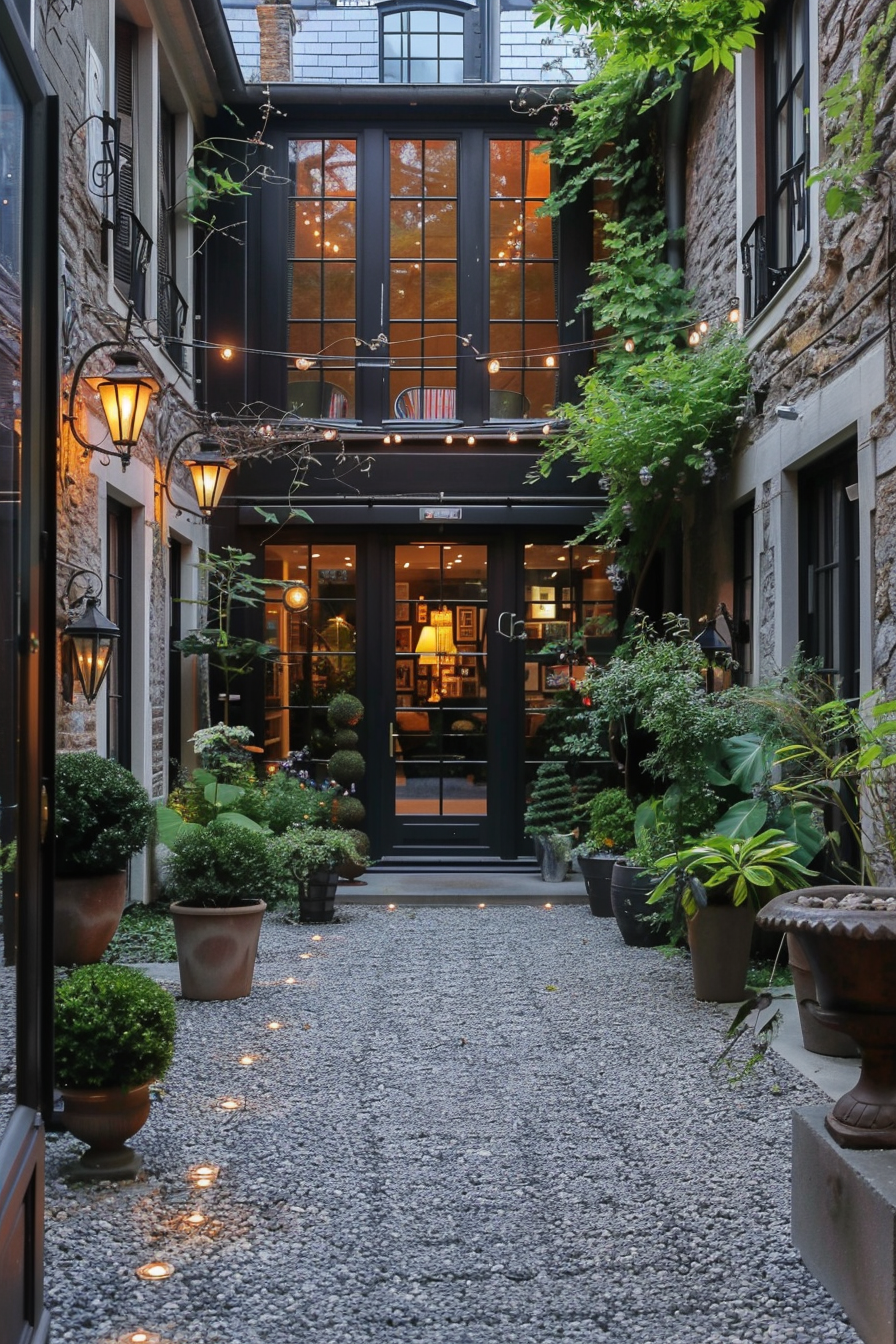 Charming courtyard with pebbled path, string lights, green plants in pots, and a glimpse into a warmly lit interior.
