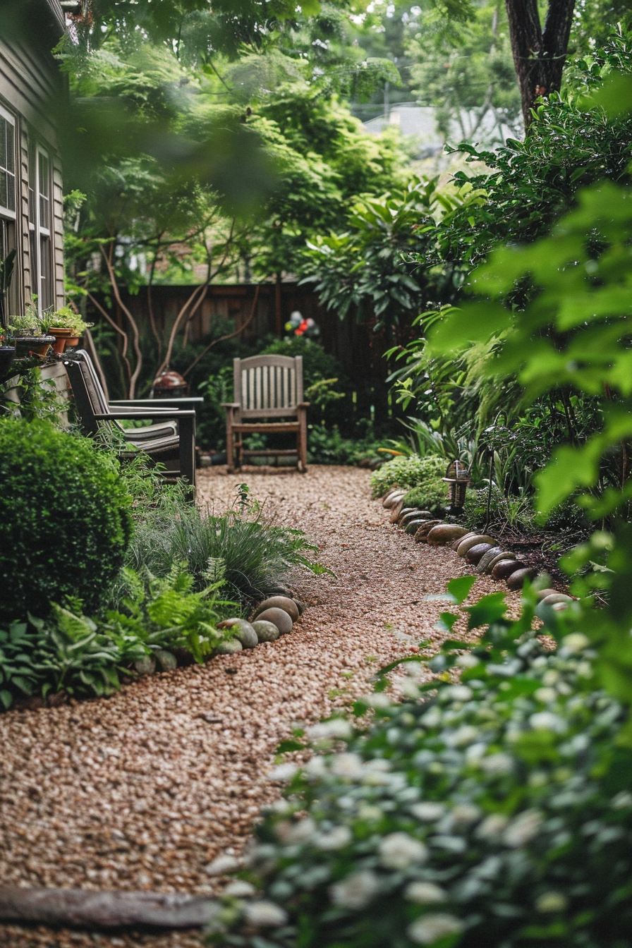 A serene backyard garden with gravel path, lush greenery, and wooden bench, evoking tranquility and connection with nature.