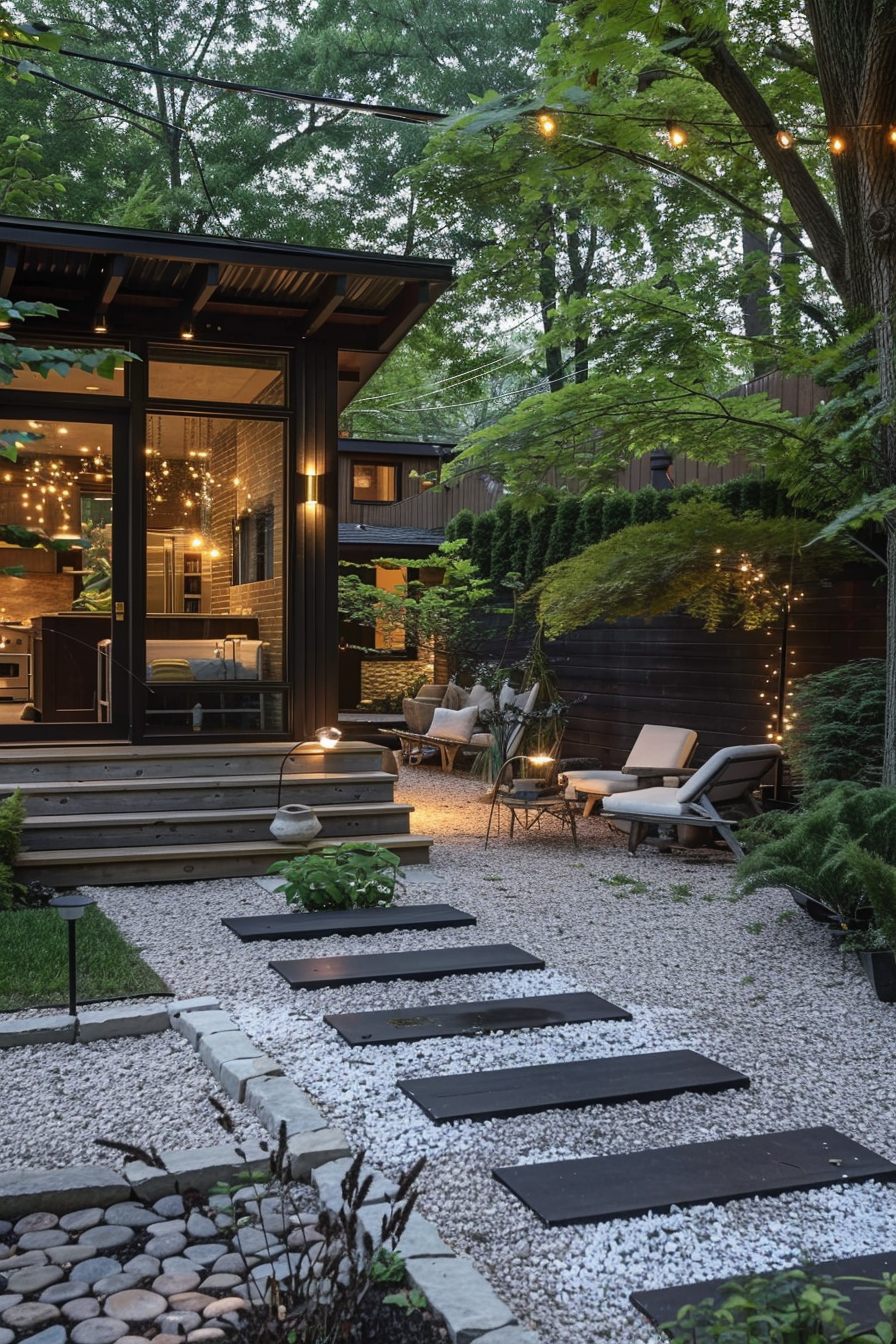 ALT: A modern backyard garden at dusk with stepping stones leading to a cozy patio area, outdoor string lights, and a view into a house.