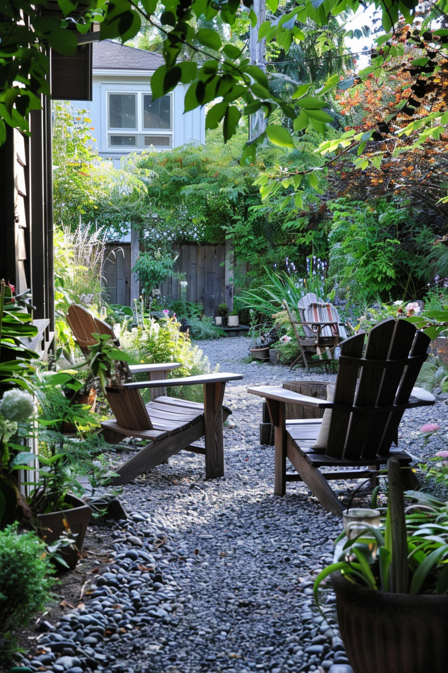 Tranquil backyard garden pathway with wooden chairs and lush greenery.