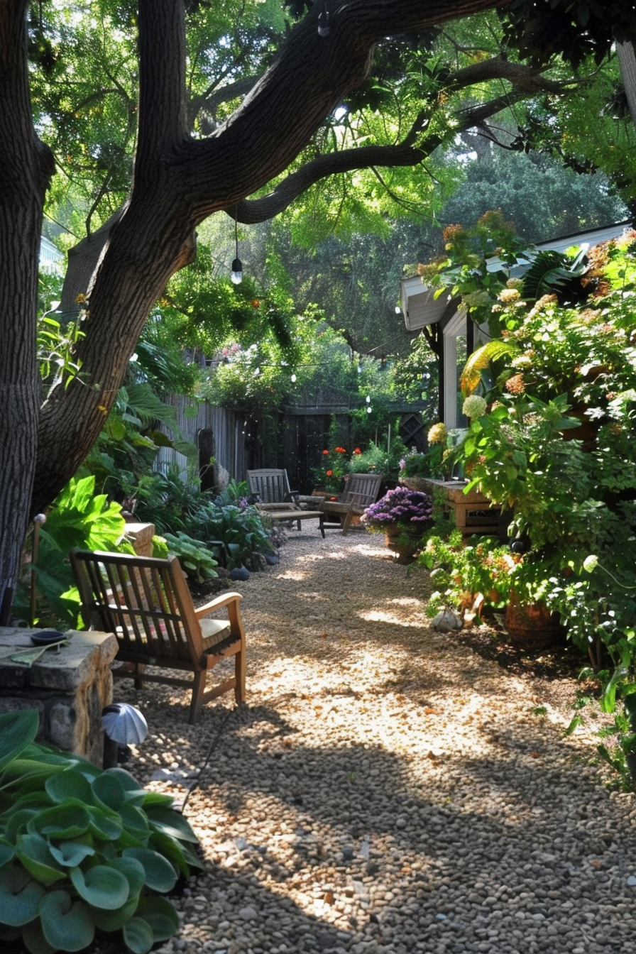 "Sunny garden pathway lined with lush plants, wooden benches, and a pebble surface beneath a large shade tree."