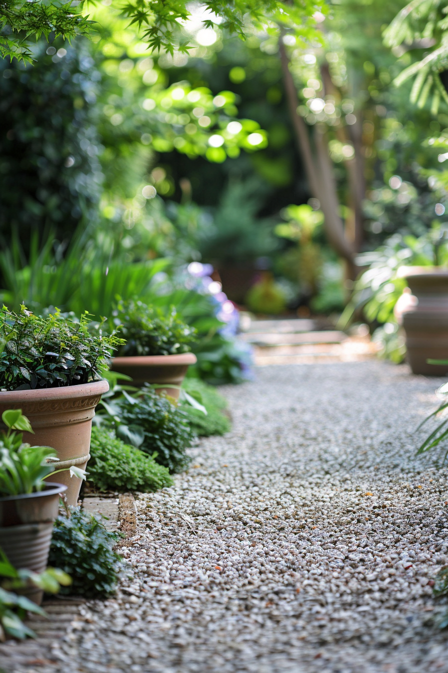A peaceful garden path lined with potted plants and lush greenery, illuminated by dappled sunlight.