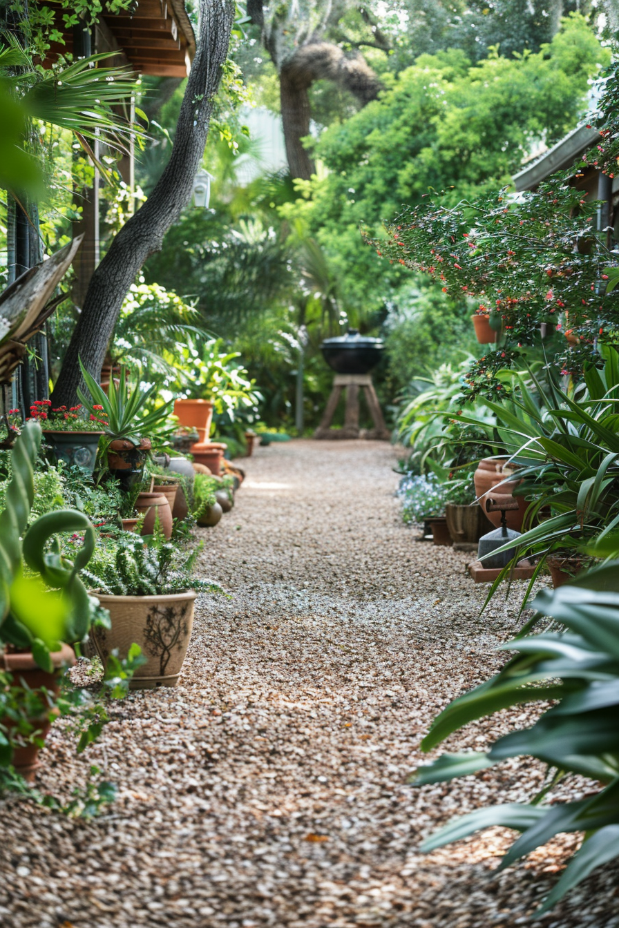 ALT: A serene garden pathway lined with an assortment of potted plants and lush greenery leading to a barbecue grill at the end.