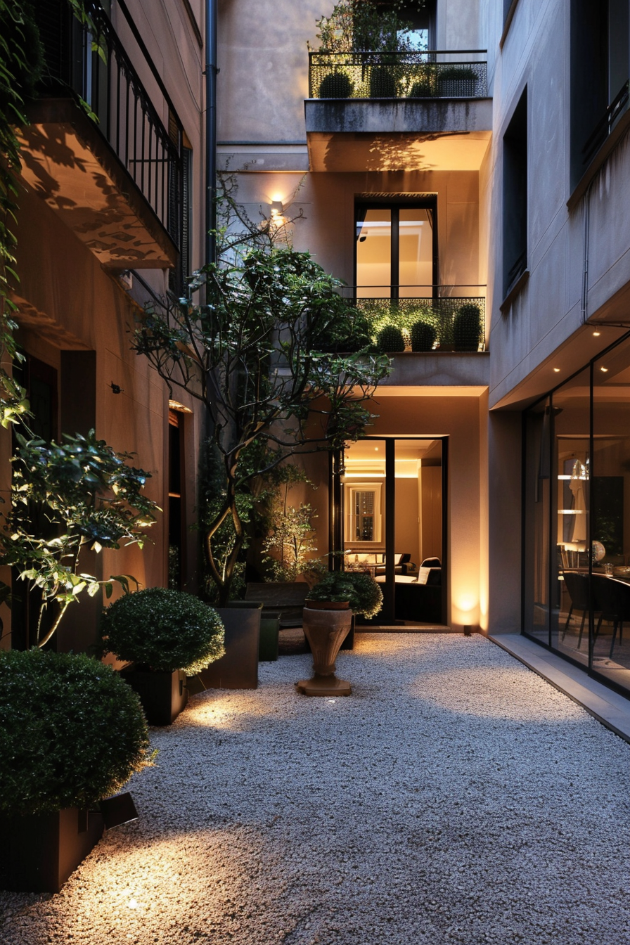 Elegant outdoor courtyard with ambient lighting, lush greenery, balconies, and visible cozy interior dining area.
