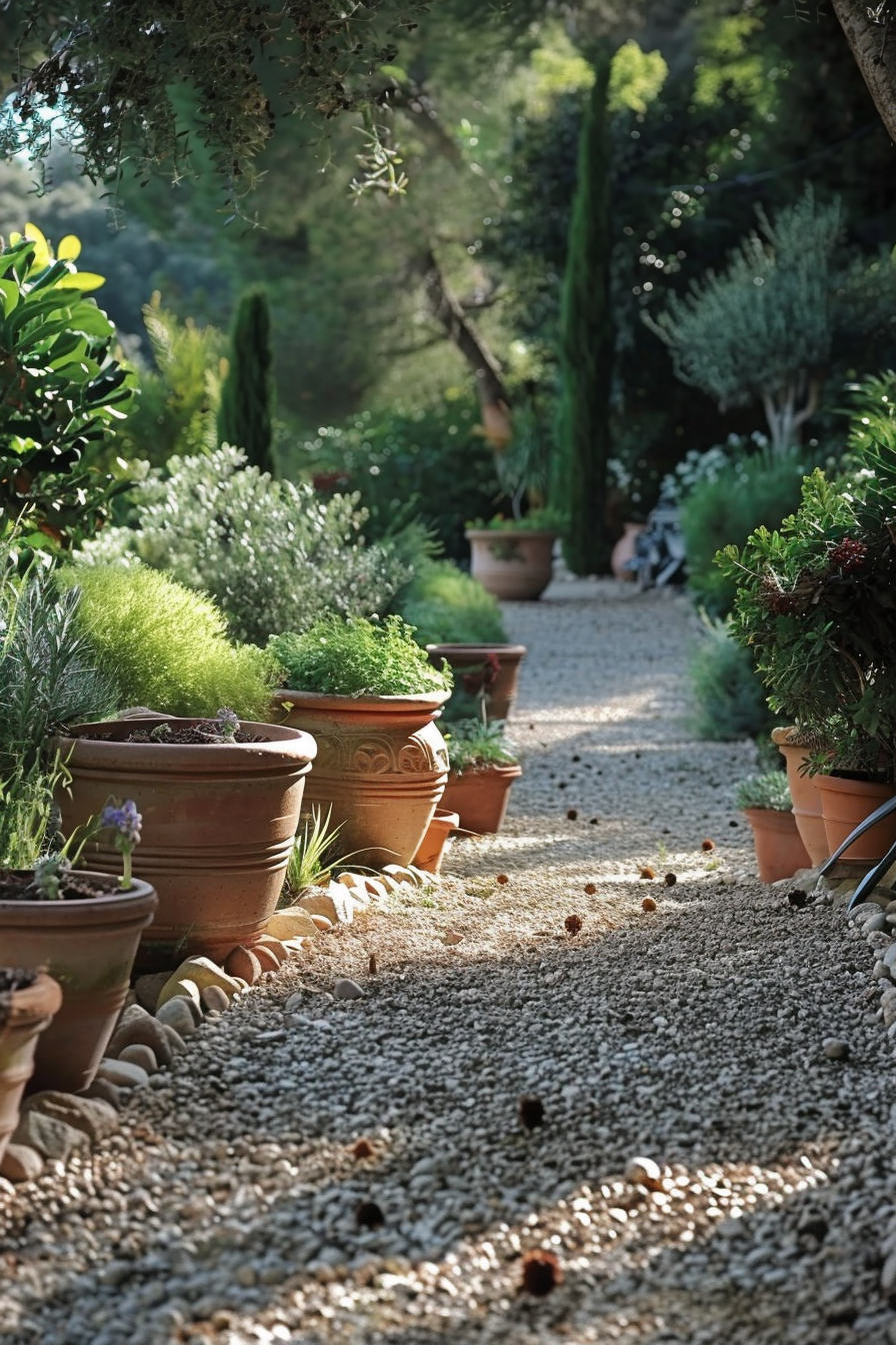 A serene garden pathway lined with terracotta pots and lush greenery, illuminated by dappled sunlight.