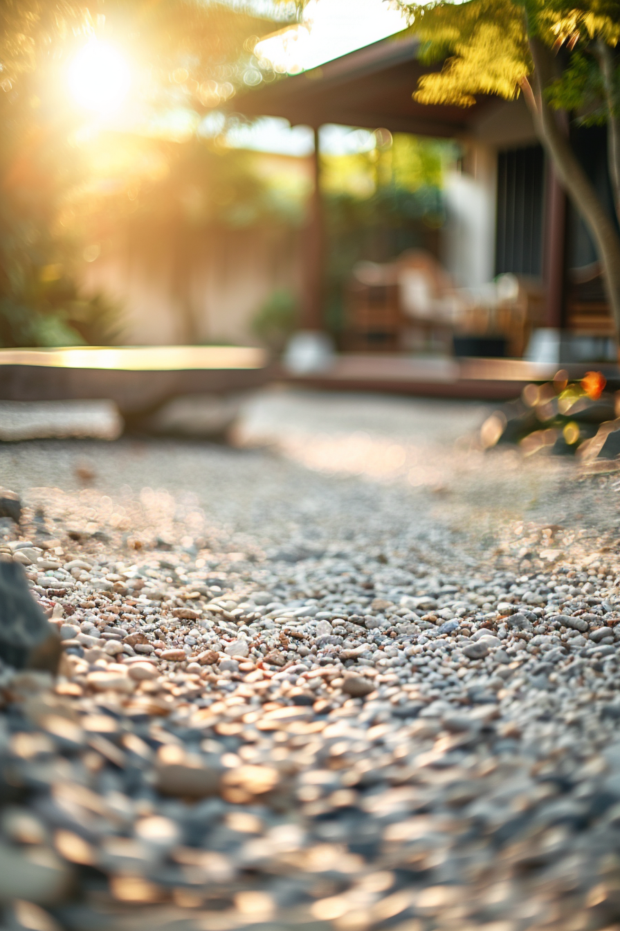 ALT: Warm sunlight filters through a garden onto a pebbled path leading to a cozy house blurred in the background.