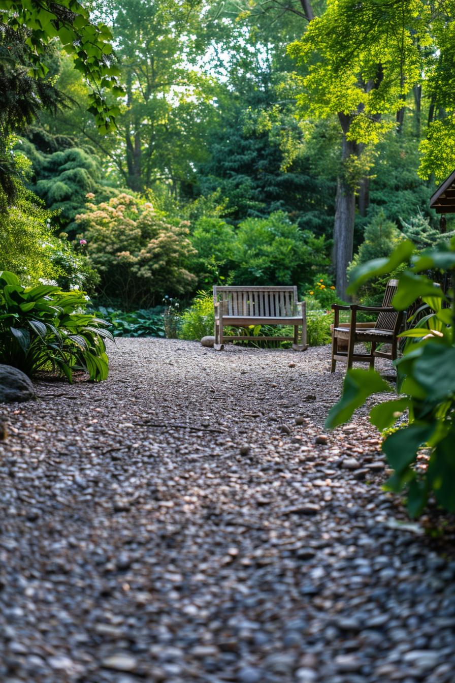 A serene garden path with a wooden bench surrounded by lush greenery and sunlight filtering through trees.