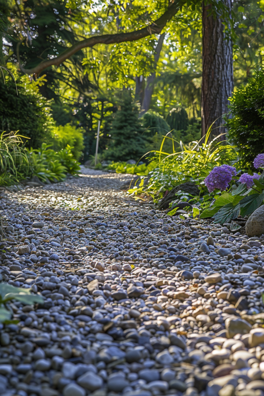 ALT: A pebble-covered garden path leading through lush greenery with sunlight filtering through tree leaves and purple hydrangea blooms on the side.