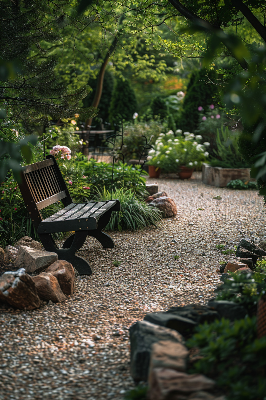 A serene garden pathway lined with rocks and greenery leading to a solitary wooden bench surrounded by lush plants and flowers.