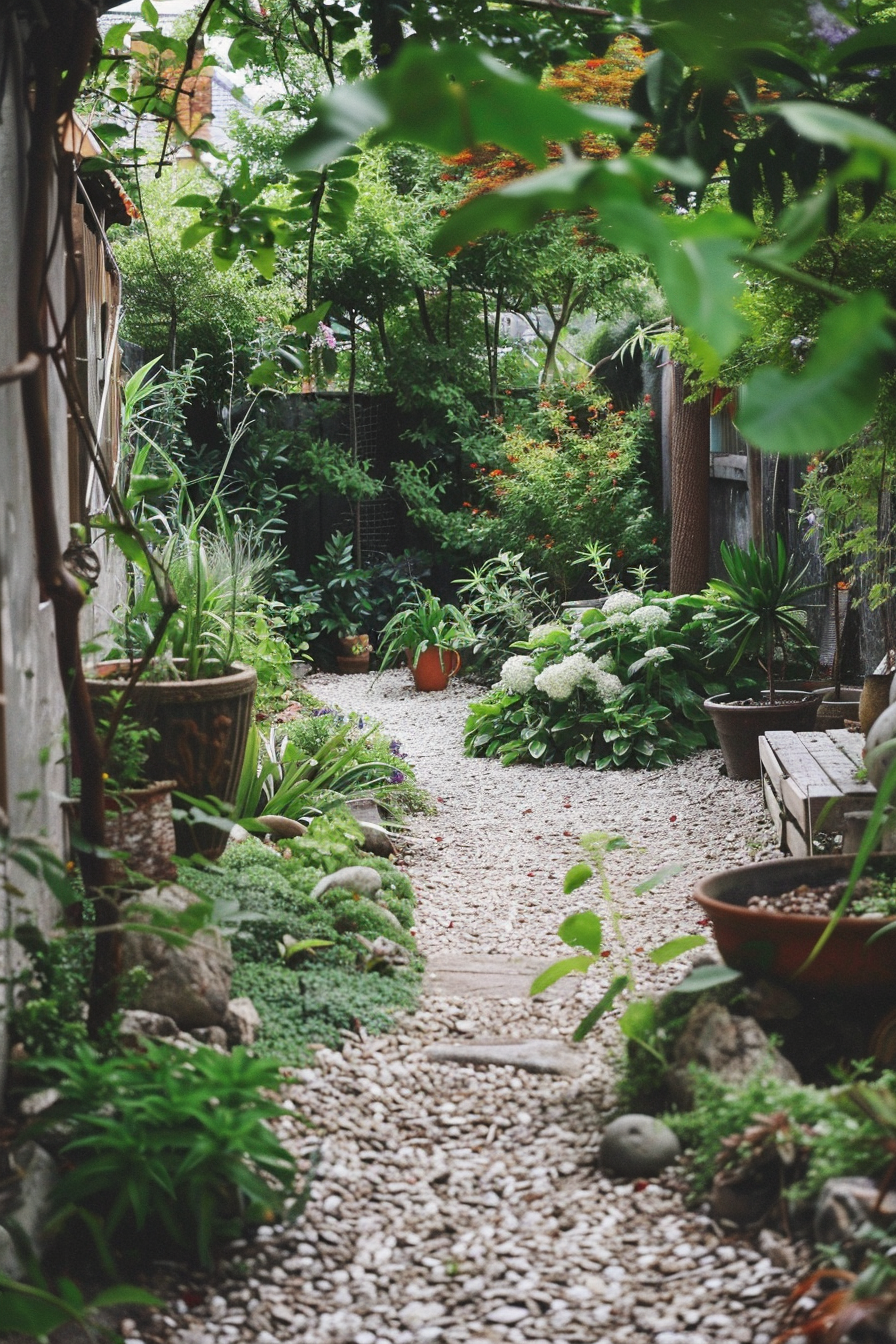 A serene garden path lined with pebbles, surrounded by lush plants and pots, invoking a sense of tranquility.