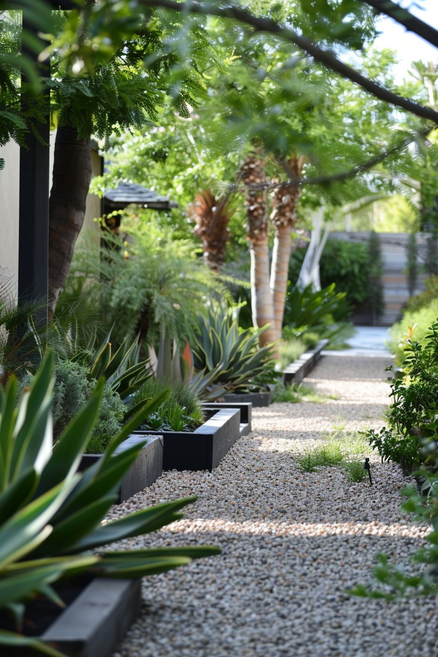 Alt text: A tranquil garden pathway with pebbles, flanked by lush plants and modern rectangular planter boxes.