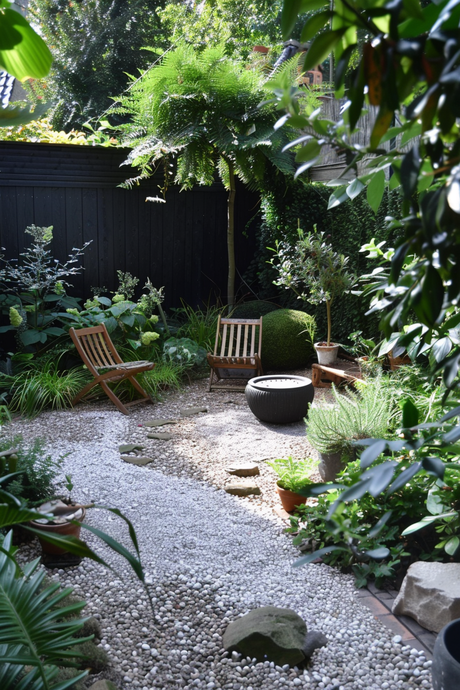 ALT: A serene garden with two wooden chairs, a variety of green plants, gravel path, and a black fence in the background.