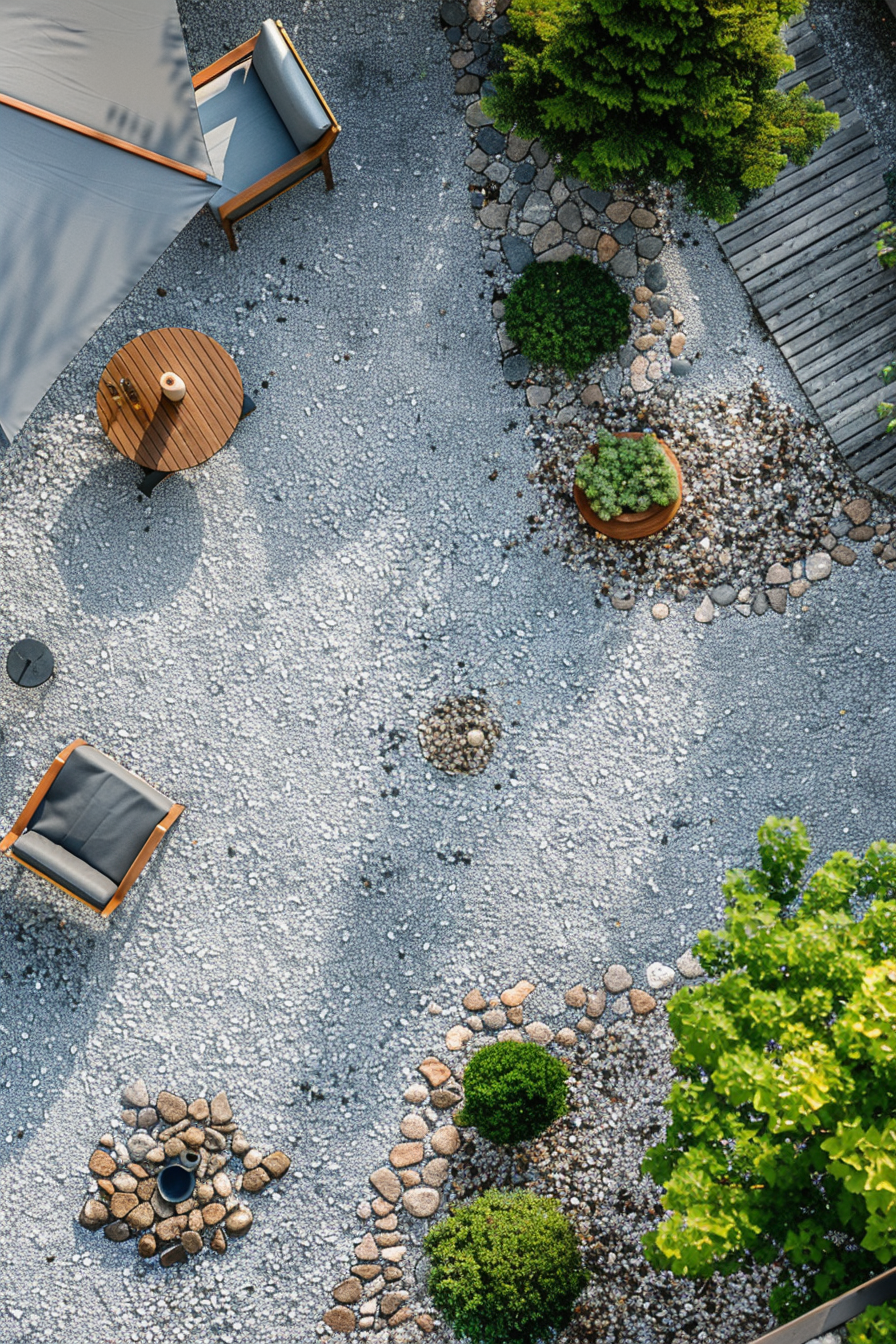 ALT: Aerial view of a landscaped garden with gravel paths, shrubs, a wooden chair, table, and decorative rocks.