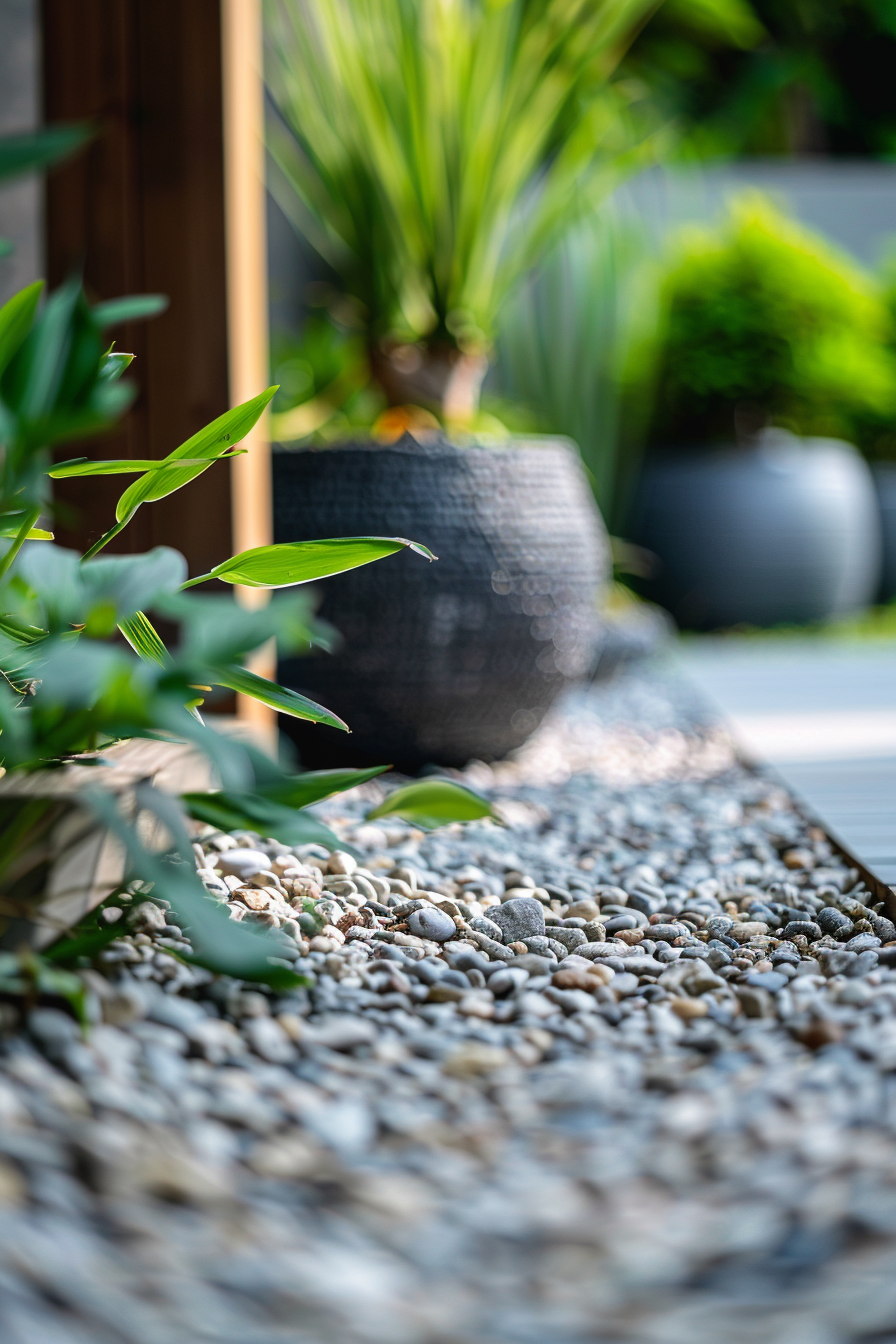 A serene garden path with white pebbles, flanked by lush green plants, and a potted palm in soft focus in the background.