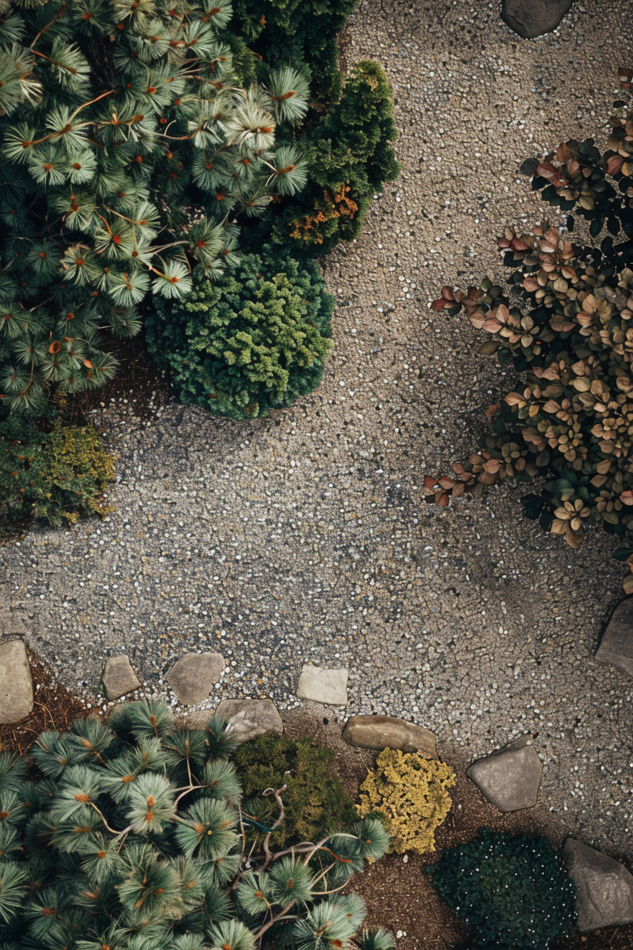 Top-down view of a garden path with stepping stones surrounded by diverse plants and gravel.