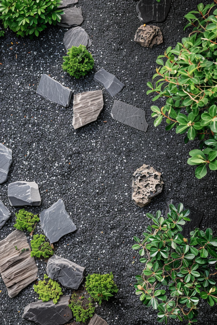 Zen garden with pebbles, stepping stones, and green shrubs, creating a tranquil outdoor design.