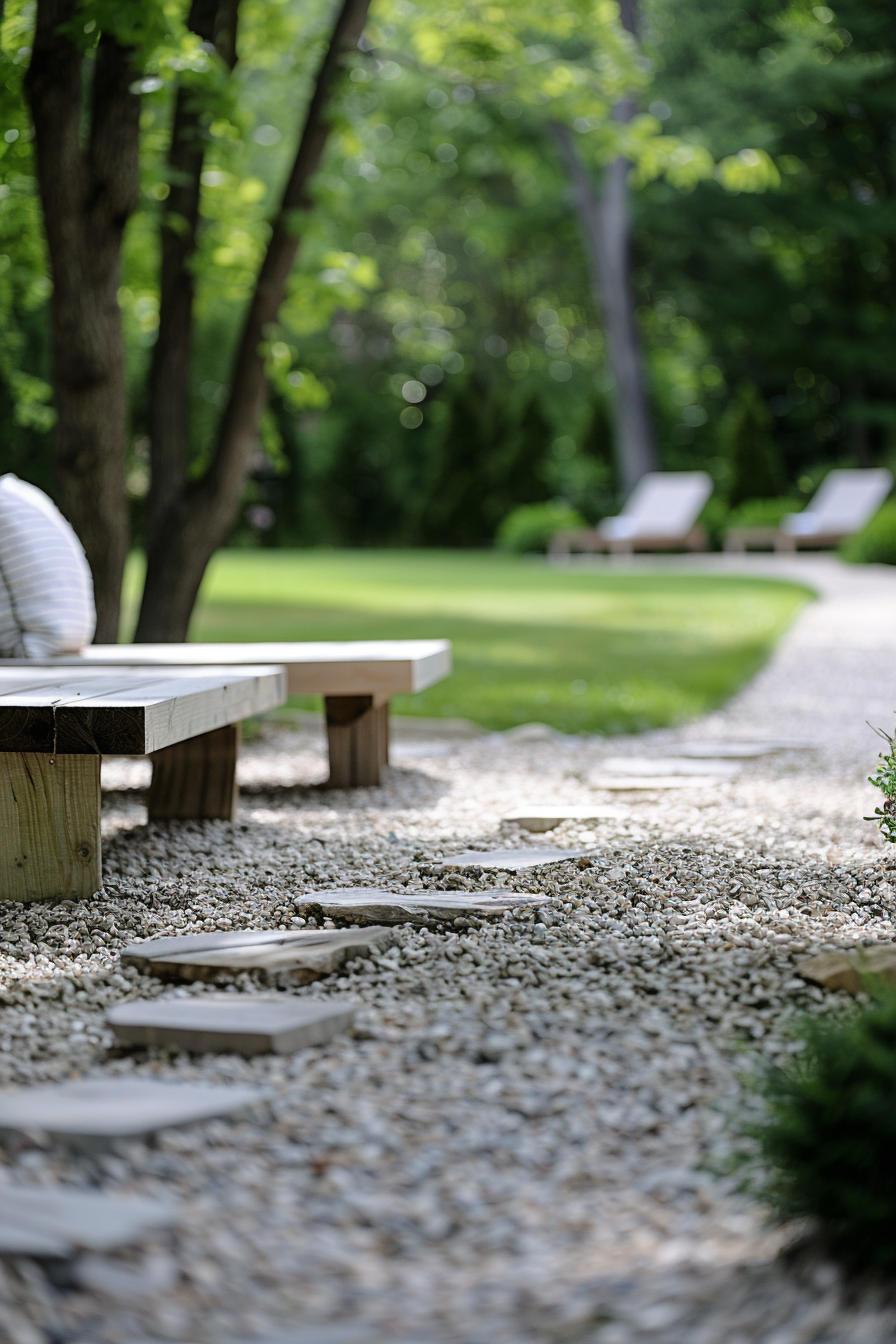 A peaceful garden path with stepping stones leading to wooden benches amidst lush greenery and trees.