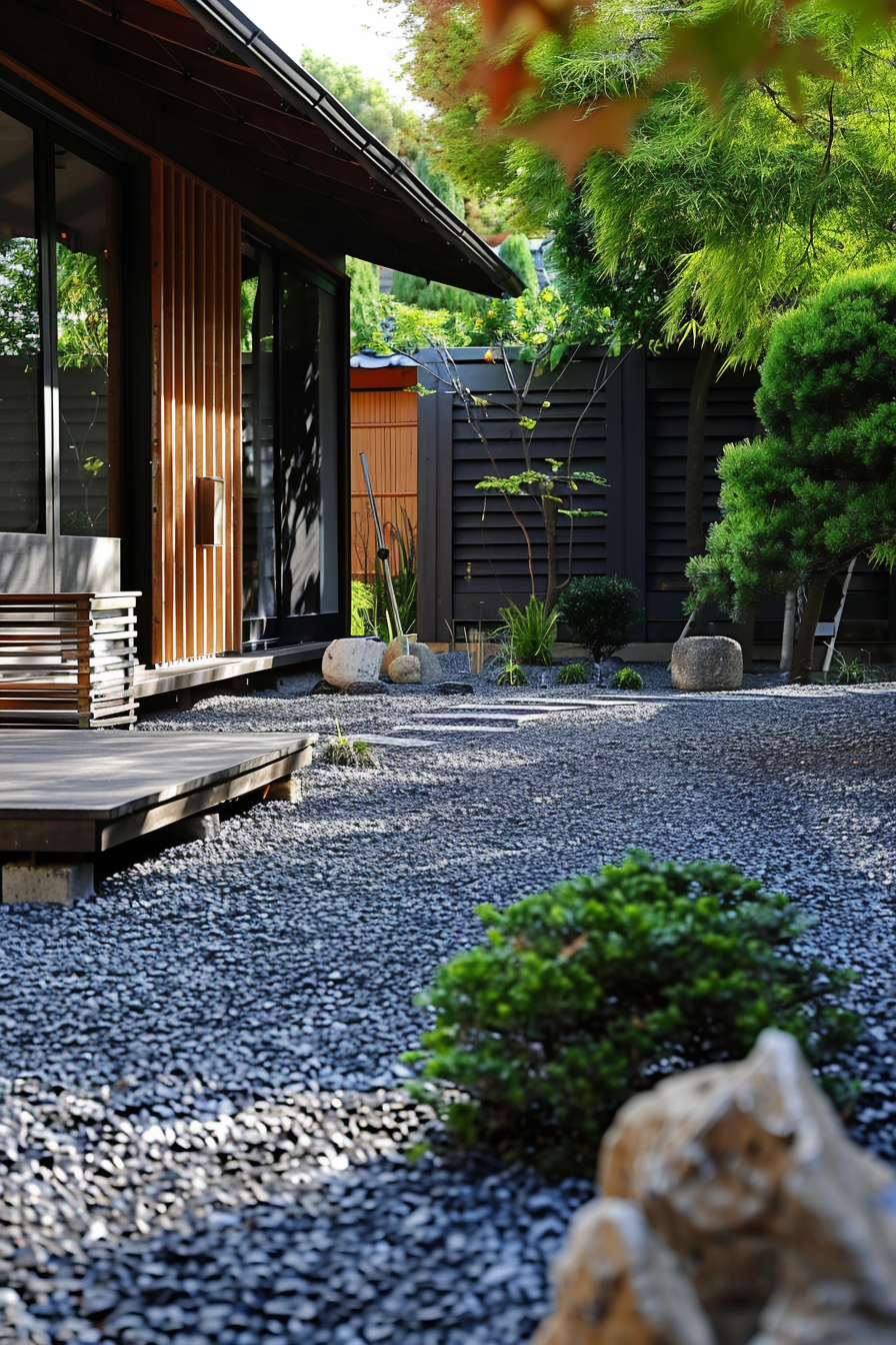 A serene Japanese garden with gravel, lush greenery, and a modern house with wooden accents in the background.