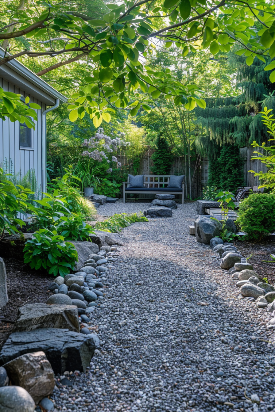 ALT text: A peaceful garden pathway lined with smooth stones leading to a wooden bench surrounded by lush greenery and flowering shrubs.