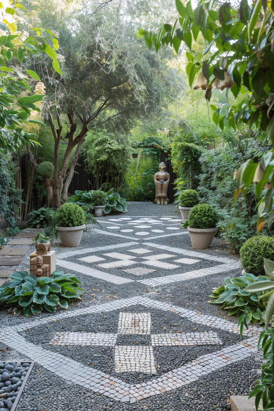 A serene garden pathway with geometric mosaic tiles, surrounded by lush greenery and large potted plants with artistic sculptures.