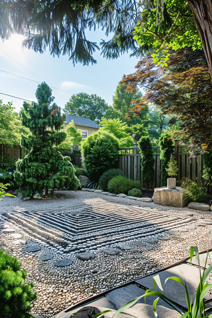 A serene backyard Zen garden with patterned pebbles, surrounded by lush trees and a wooden fence under a sunny sky.