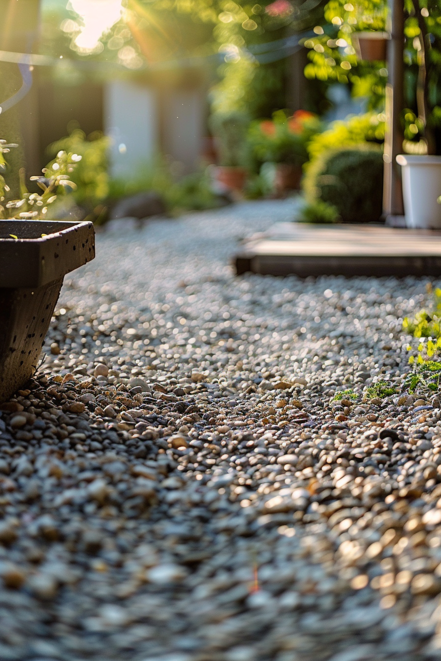 Warm sunlight filters through a garden, casting light on a pebble path with plants and benches in the background.