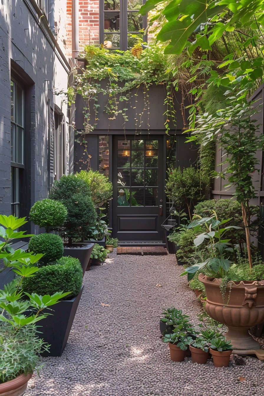 A pebbled pathway leads to a black door with glass panels, flanked by lush greenery and potted plants in a cozy, shaded urban garden.