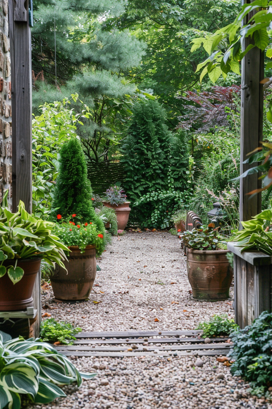 A serene garden pathway lined with green plants and terracotta pots, leading to a lush, tree-filled background.