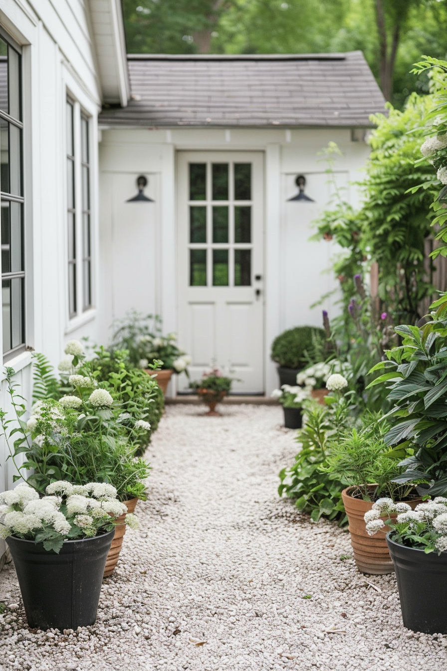 A serene garden pathway lined with lush plants in pots leading to a white door with exterior wall lights on each side.