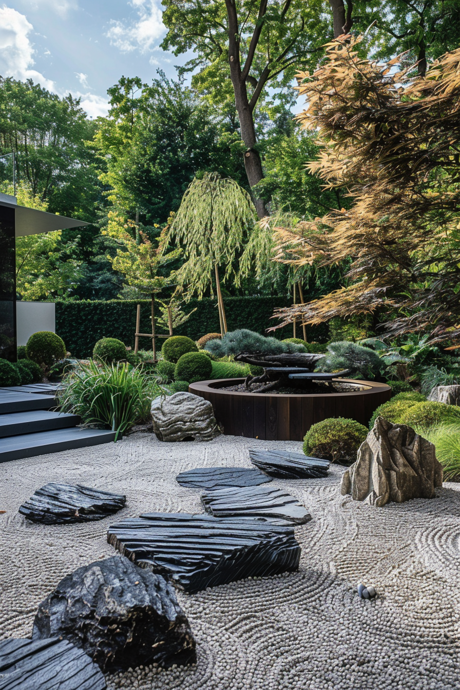 Zen garden with raked gravel, stepping stones, bonsai trees, and a central water feature surrounded by lush foliage.