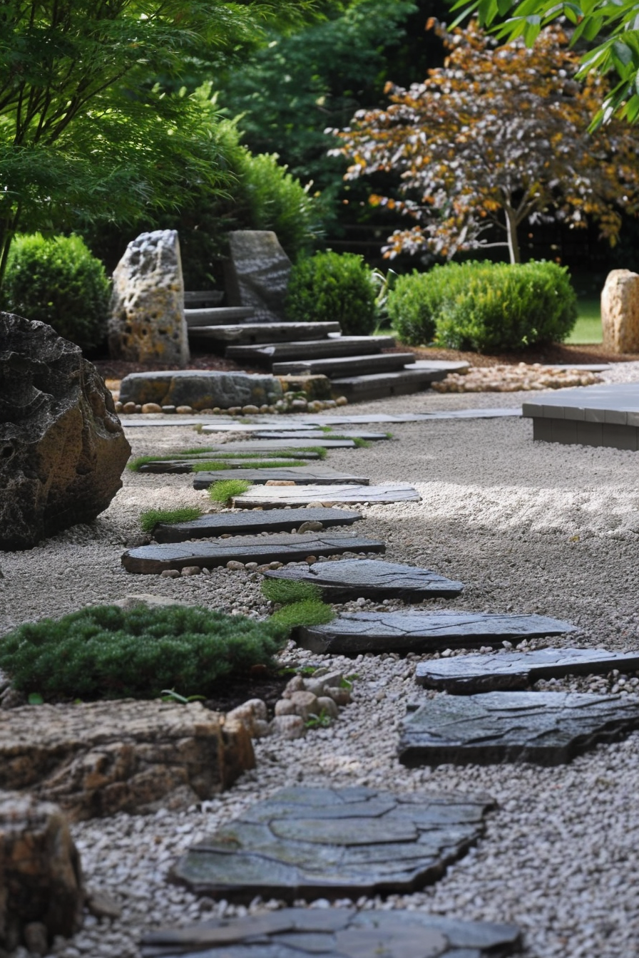 A tranquil garden path made of flat stones set in gravel, surrounded by lush greenery and trees.
