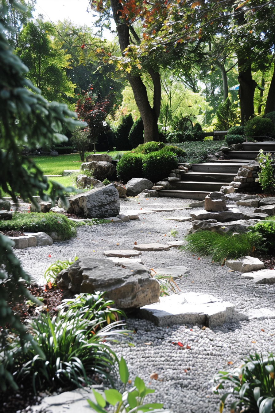 A serene garden pathway with stepping stones, surrounded by lush greenery, rocks, and a staircase framed by trees.