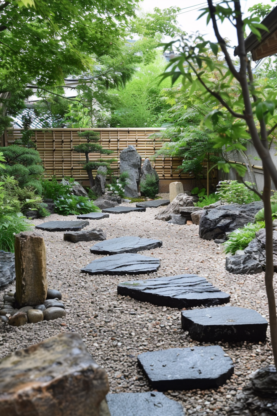 A serene Japanese garden with a path of flat stones leading through a landscape of pebbles, lush greenery, and bamboo fencing.