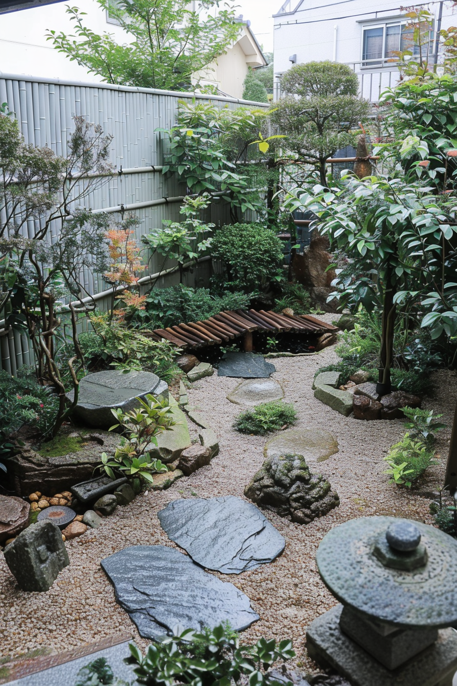 ALT: A serene Japanese garden with stepping stones, gravel, lantern, and lush greenery, nestled among urban surroundings.
