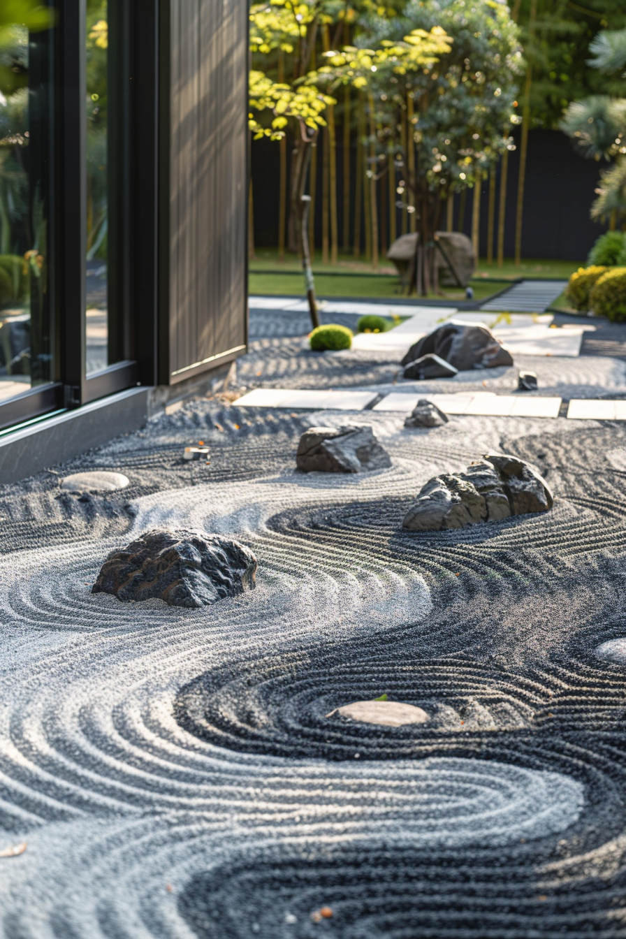 Zen garden with raked sand patterns and stones, blurred greenery in the background, next to modern architecture.